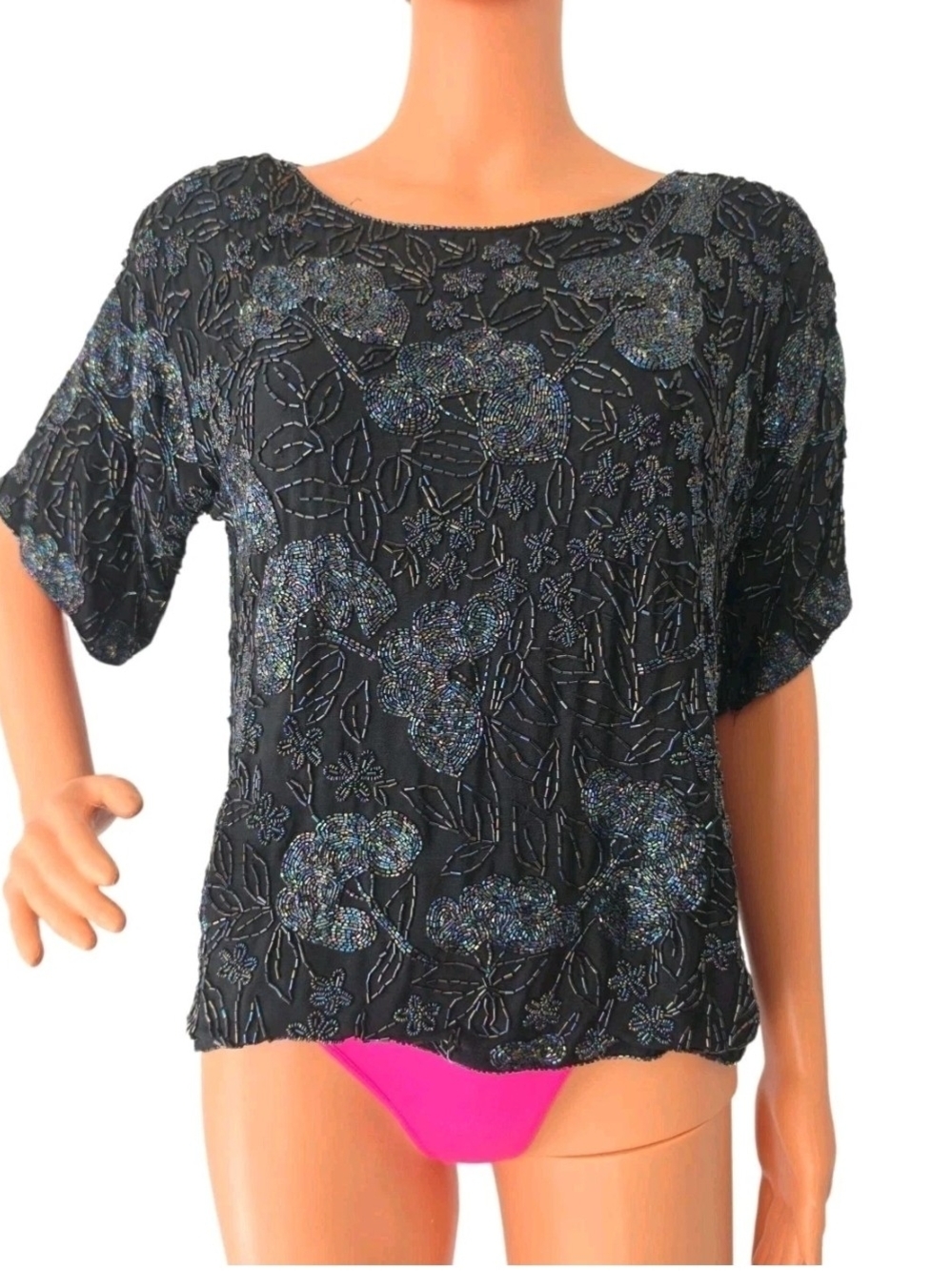 Vintage 80s Jean for Joseph Le Bon Beaded Silk Blouse Black Iridescent Floral PS